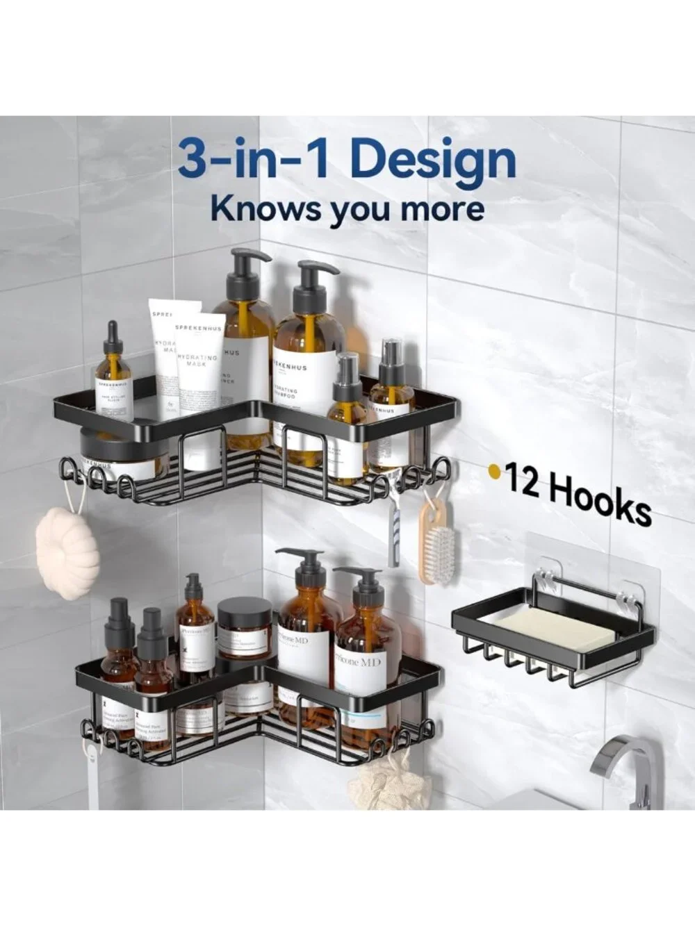 Rustproof Corner Shower Caddy with Soap Holder & 12 Hooks, Wall-Mounted